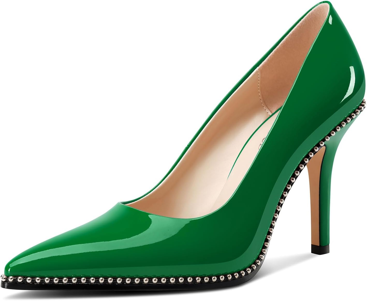 TNYNFBEB Womens Stiletto Mid Heel Pointed Toe Pumps Slip-on Sliver Beaded Prom Wedding Dress Basic Classic Patent Leather 3.5 Inches Heels