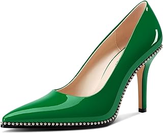 Womens Stiletto Mid Heel Pointed Toe Pumps Slip-on Sliver Beaded Prom Wedding Dress Basic Classic Patent Leather 3.5 Inches Heels
