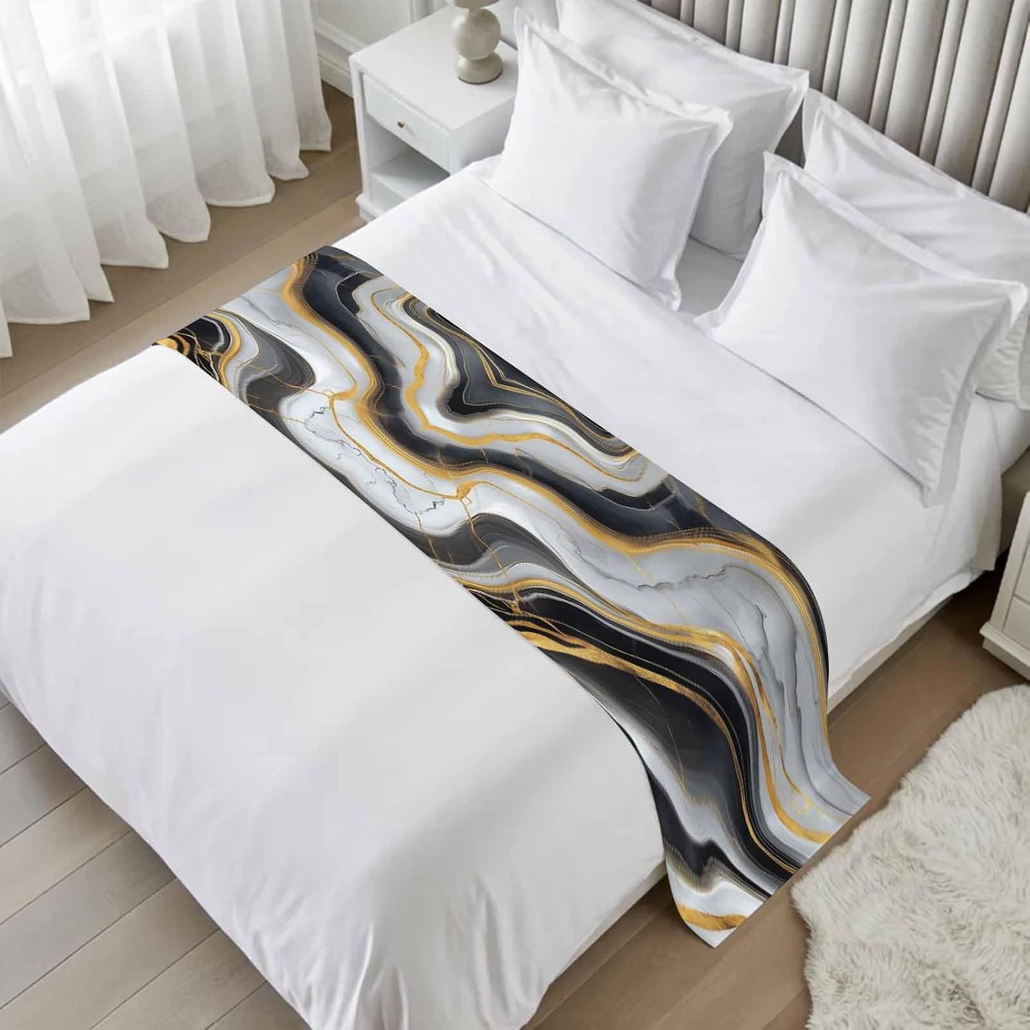 Black Grey Marble Bed Runner Cal King Size, Abstract Gold Luxury Cracks Marbling Bed Scarf Protector Slipcover for Bedroom Wedding Room Hotel, Bedding Runner Throws for Foot of Beds 102"x20"