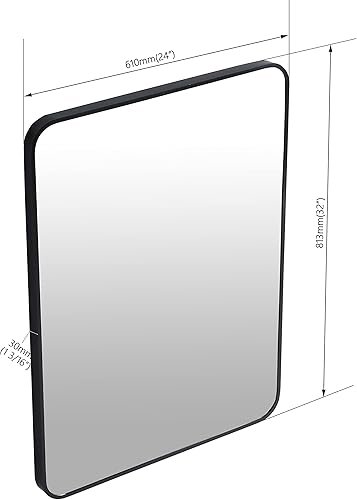 Miniatura 2 de Espejo de montaje en pared para baño, marco de metal negro, esquina redondeada, espejo de tocador de baño, espejo colgante decorativo, para sala de