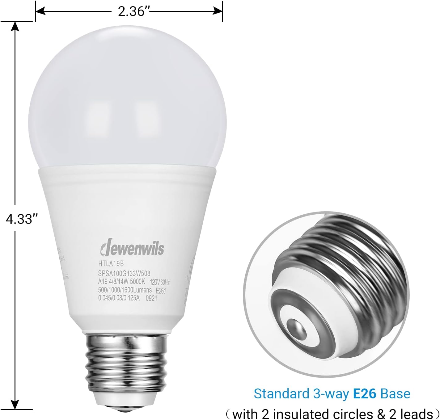 DEWENWILS 3-Way LED Light Bulbs, 40/60/100W Equivalent, A19 LED Bulbs, 5000K Daylight White Glow, E26 Medium Base, 500/1000/1600LM Bright Light Bulbs, Non-dimmable, ETL Listed, 4-Pack