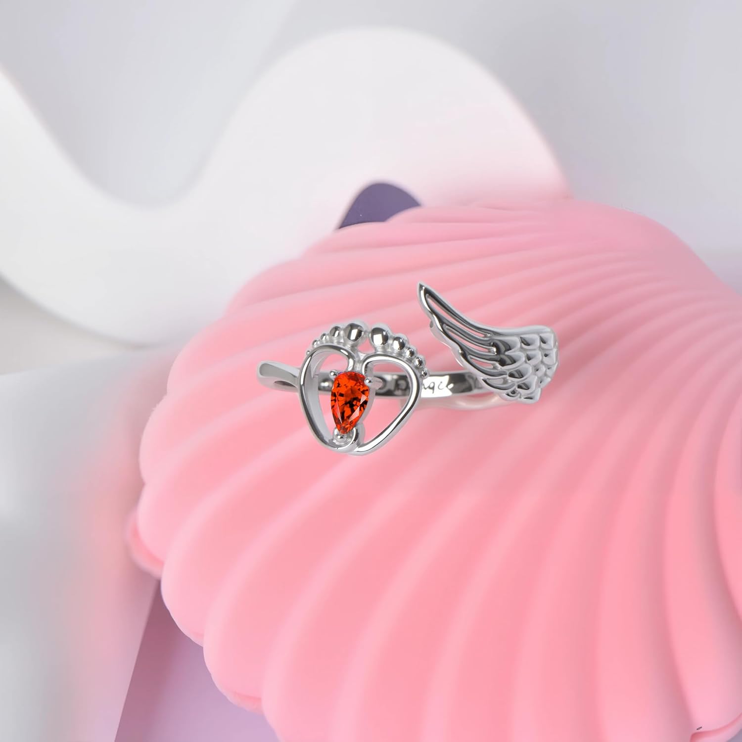 Mommy of an Angel Ring Sterling Silver Angel Wings Teardrop CZ Created Birthstone Jewelry Sympathy Gift Stillborn Ring Gift for Women Mother Mom Adjustable Size