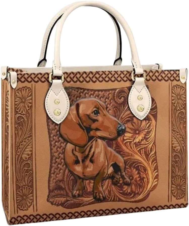 Dachshund Leather Bag for Women Doxie Dachshunds Handbags Purse Satchel Top Handle/Strap Bag Totes Weiner Weenie Dog Mom Gift