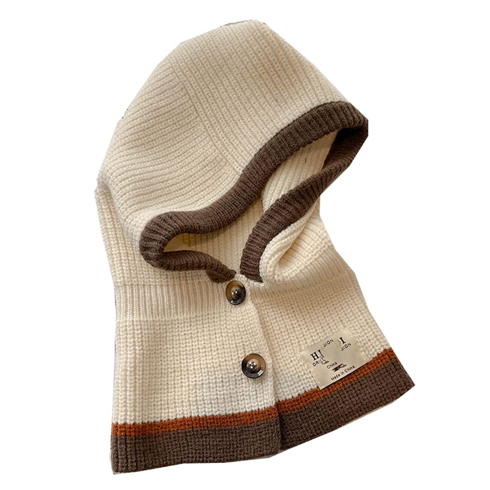 Women's Winter Hat With Hooded Scarf - Knitted Beanie, Beige Stripe, Buttoned Neck Warmer, One Size