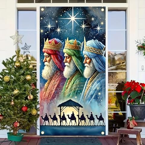 ​ BlissYard Three Kings Door Cover Banner 71 x 35 Inches Christmas Nativity Banner Three Wise Men Star Bethlehem Religious Holiday Hanging Backdrop Photography Festival Background Decoration ​ Cover