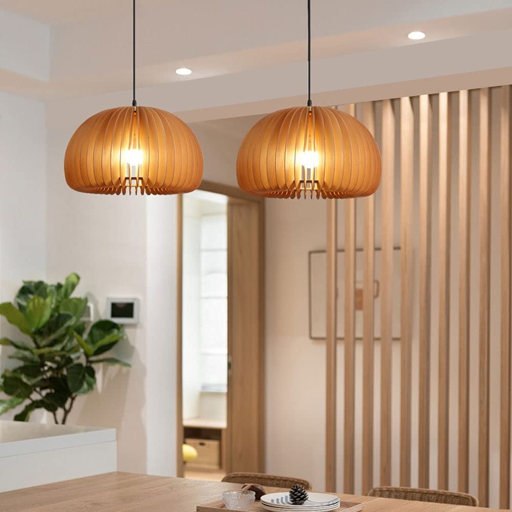Dyniowa okrągła lampa wisząca Nowoczesna lampa sufitowa z drewnianą ramą, mini żyrandol z regulowanym łańcuszkiem, kreatywne wiszące oprawy oświetleniowe E27 do jadalni na wyspie kuchennej (rozmiar: