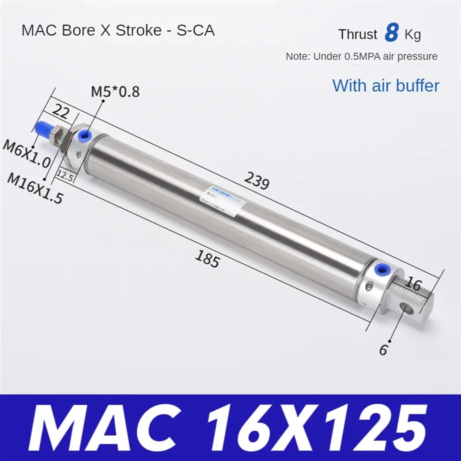 Mini cilindro neumático de acero inoxidable con amortiguador Cilindro neumático Diámetro MAC16 Carrera 25-300 mm Cilindro de aire(125mm Stroke)