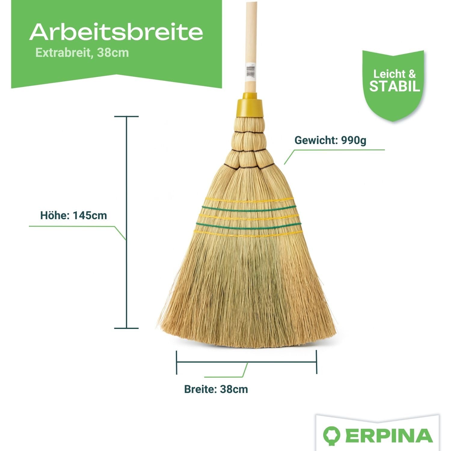 2er Pack Industrie Reisstrohbesen – 5-Naht mit Stiel 145cm Länge – robuster Werkstatt & Hofbesen aus Naturreisstroh – langlebig & vielseitig für Stall und Garten Profi Kehrbesen volle Qualität