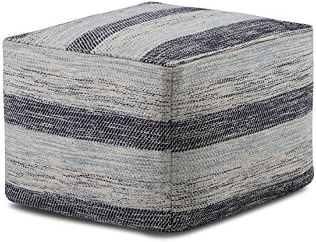 SIMPLIHOME Clay Square Pouf, Footstool, Upholstered in Patterned Blue Melange Hand Woven Cotton, for the Living Room, Bedroom and Kids Room, Transitional, Modern