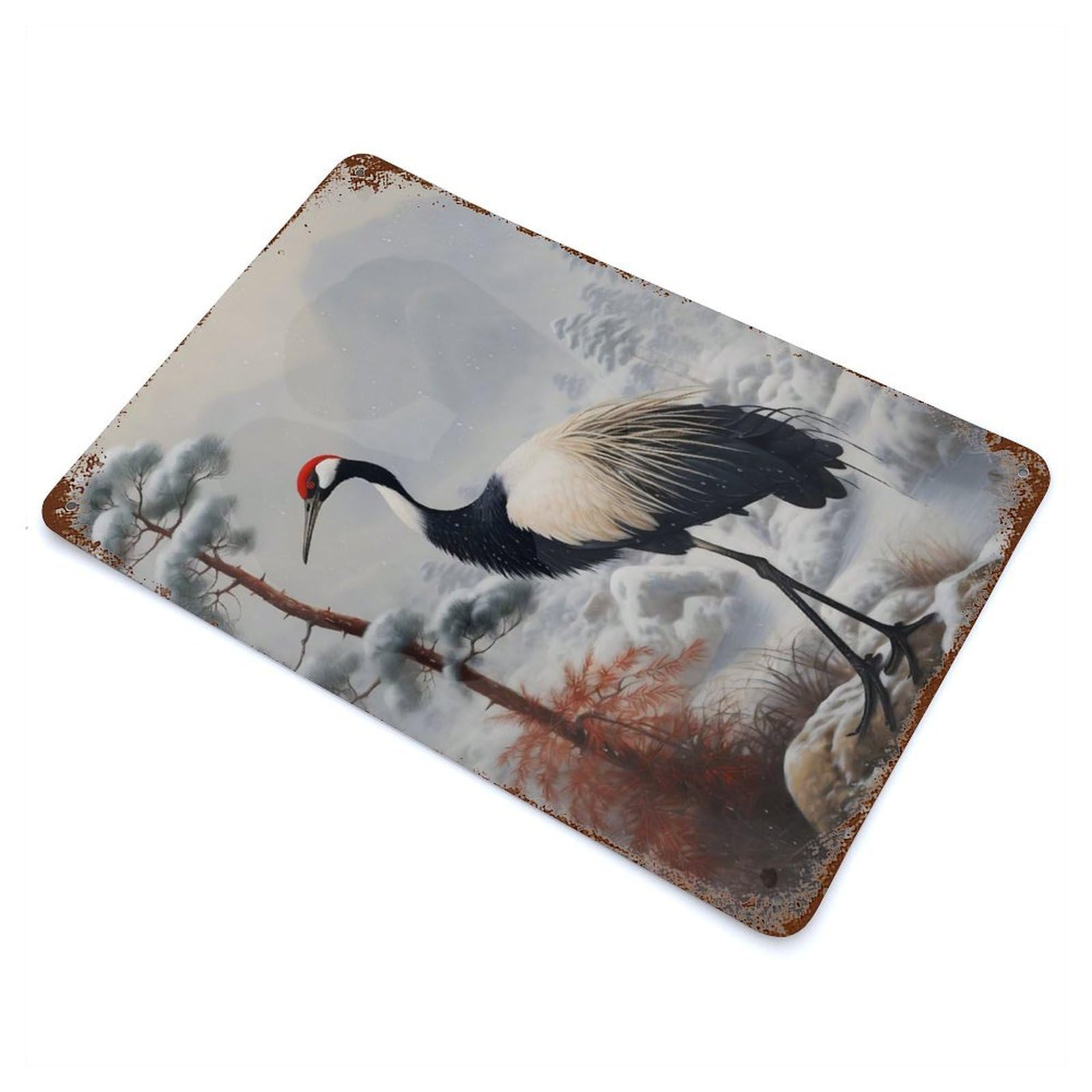 Garage Style Japanese Crane Rust Effect Tin Sign 11.8"x7.9", Industrial Home Decor for Bar And Workshop