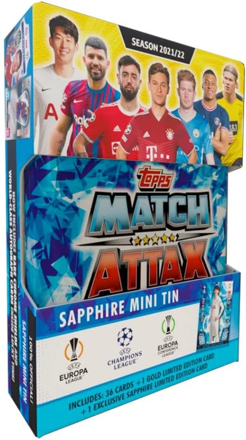 2021-22 Topps Match Attax Cards - Sapphire Mini Tin (38 Cards + 1 LE Sapphire Heung Min Son Card)