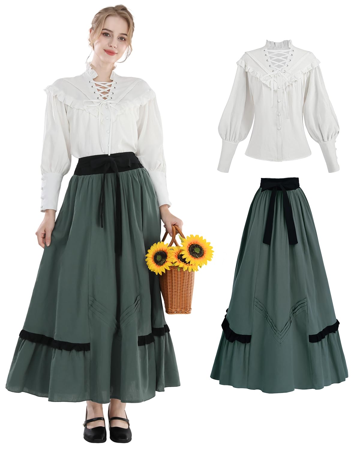 CR ROLECOS Womens Victorian Dress Costume 2-Piece Medieval Renaissance Dress Edwardian Blouse Skirt Set L - Image 2