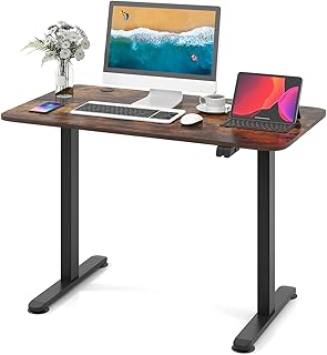 CASART Height Adjustable Electric Standing Desk, 110 x 60cm Ergonomic Stand Up Desk with Splicing Desktop & Anti-Collision Design, Cable Hole, Wooden Sit Stand Desk for Home Office (Rustic Brown)