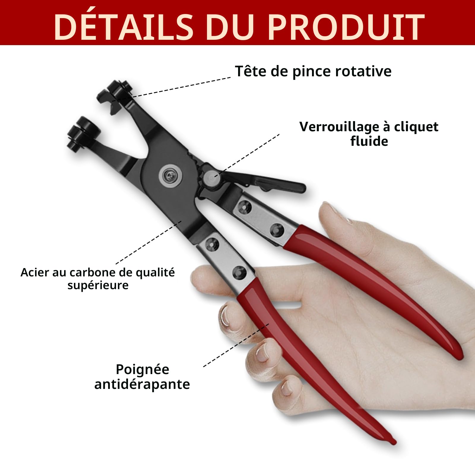 WISEUP Lot de 4 pinces à collier de serrage avec pince à ressort métallique, pince à clic, extracteur de tuyau et outil de serrage plat