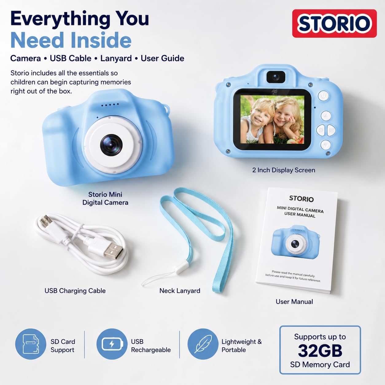Storio Rechargeable Kids Camera Toy 3.0MP - Blue | 1080P Video Camera with 2-Inch Screen Supports 32GB with Games,Filters,Time-Lapse Educational Birthday Gift for Boys & Girls Age 3–12 — Amazon image 7