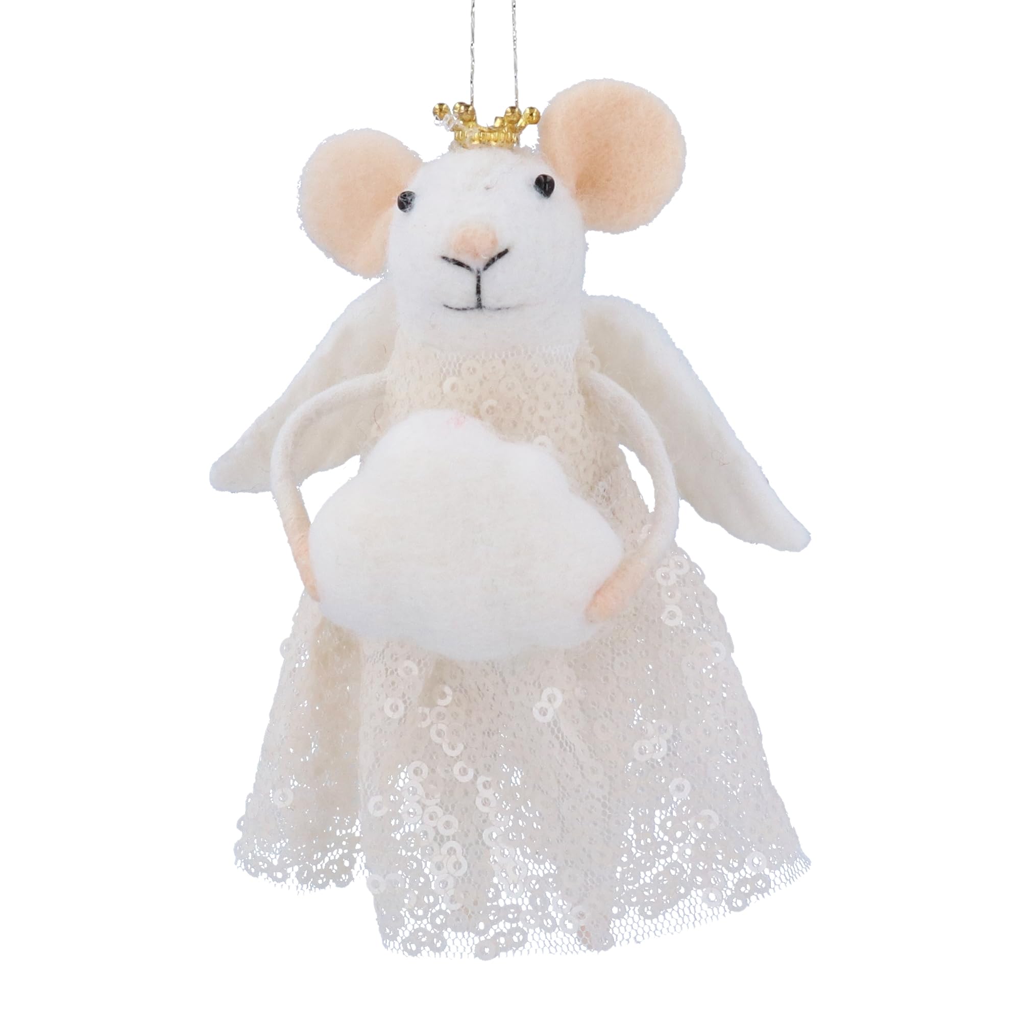 Gisela Graham White Mixed Wool Angel Mouse 12Cm Hanging Christmas Decoration