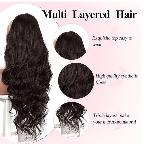 Miniatura 5 de Extensión de cola de caballo con cordón, cola de caballo larga y ondulada marrón, extensiones de cabello sintético de 24 pulgadas, extensiones de