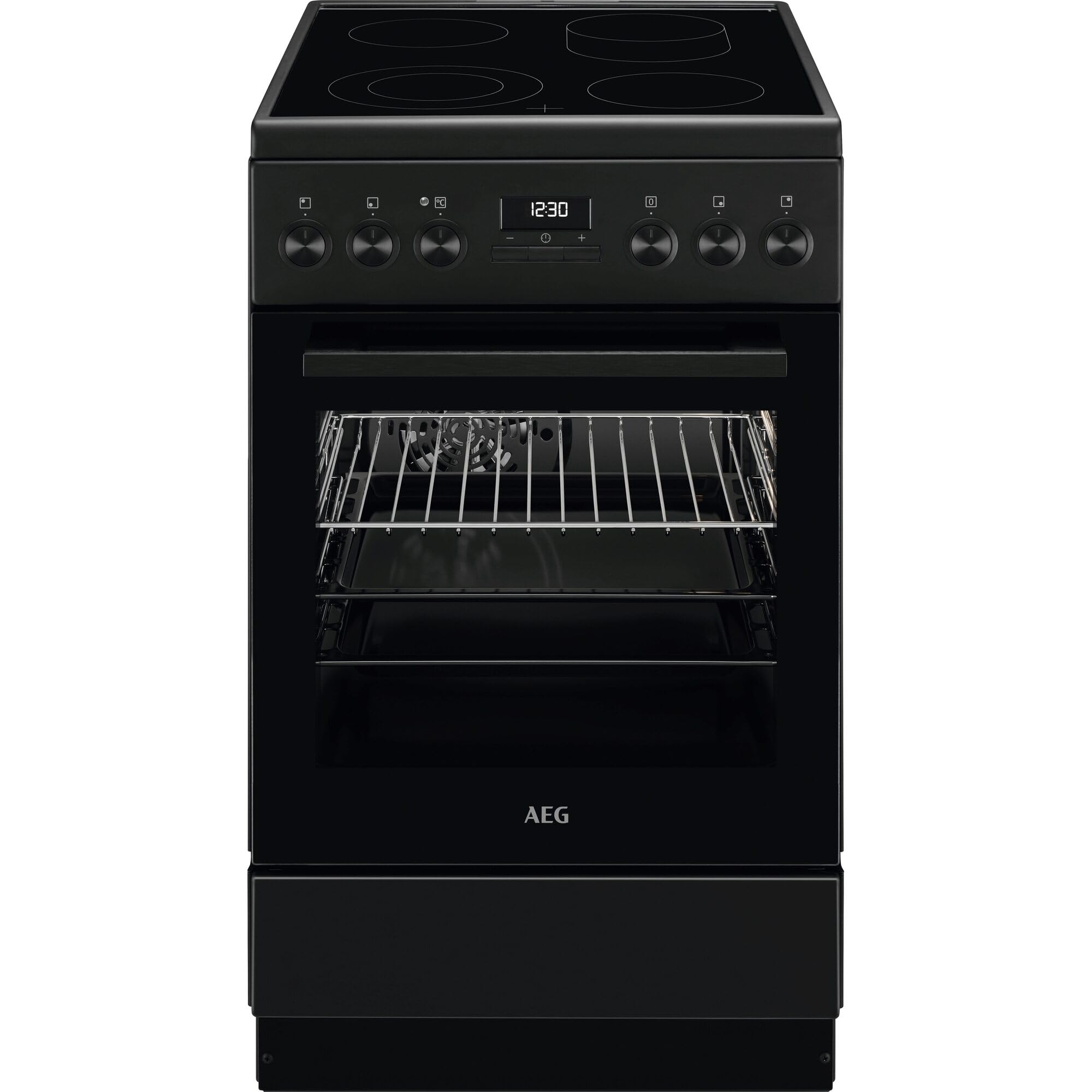 AEG Standherd mit Glaskeramik-Kochfeld, 50cm, A, 1 Paar Teleskopschienen, Bräterzone, Mehrkreiskochzone, Versenkknebel, Grillfunktion, Display mit Uhr, Mattschwarz, CCB54492BB