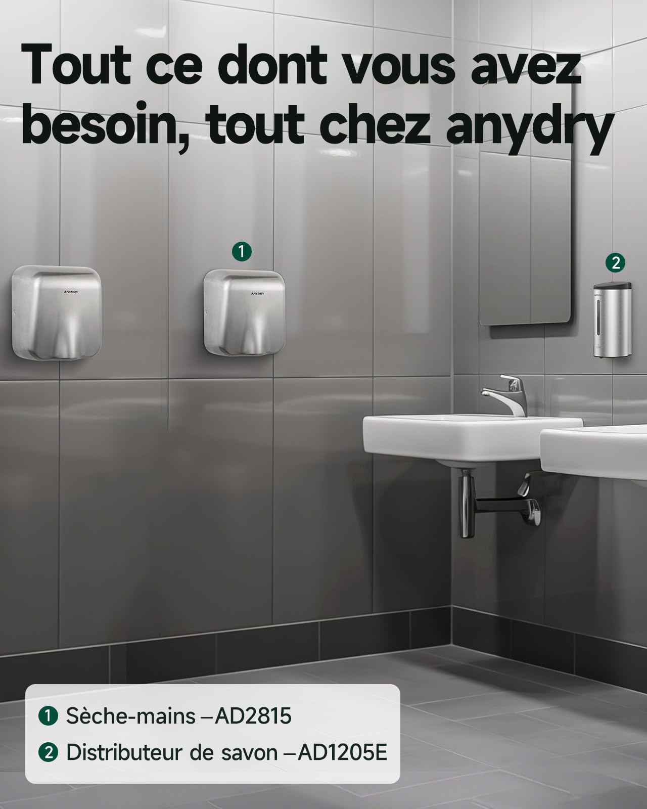 anydry IronStorm 2815 Sèche-Mains Professionnel avec Filtre HEPA - Capteur sans Contact 1600W, Séchage Rapide 7-10s, Acier Inoxydable brossé (Brossé)