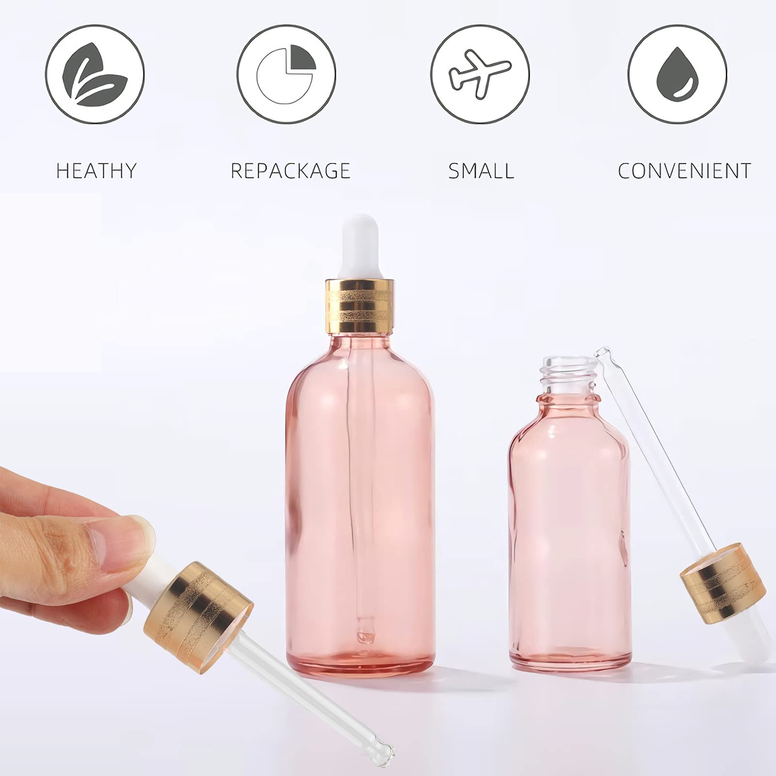 Plastikowa butelka z rozpylaczem, 12 sztuk, 100 ml, pusty różowy szklany zakraplacz ze szklanymi pipetami, złote fiolki z pierścieniem śrubowym do kosmetycznych olejków eterycznych, aromaterapii
