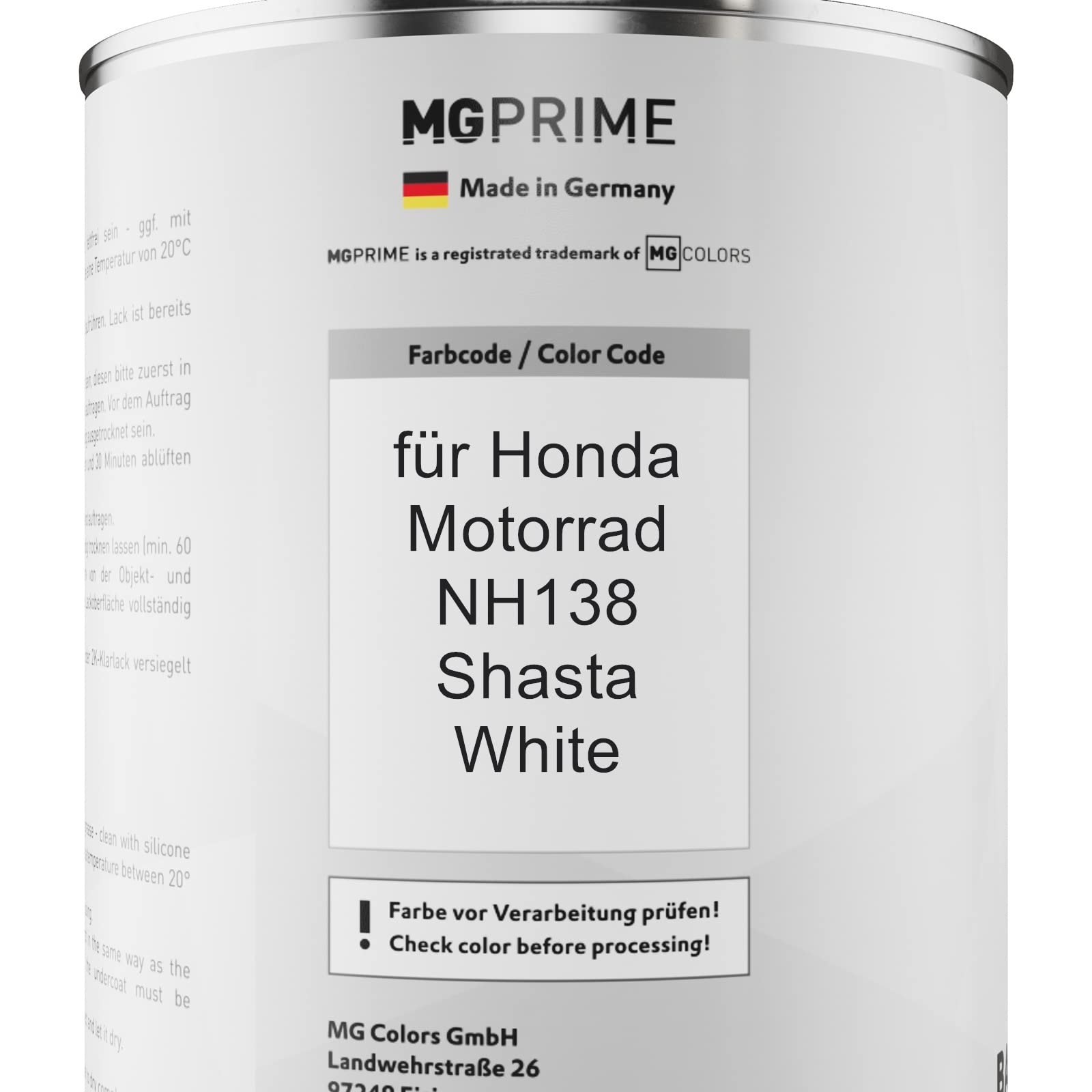 MG PRIME Vernice per moto Barattolo pronto all’uso per Honda Motorrad NH138 Shasta White Vernice di base 1,0 litri 1000ml