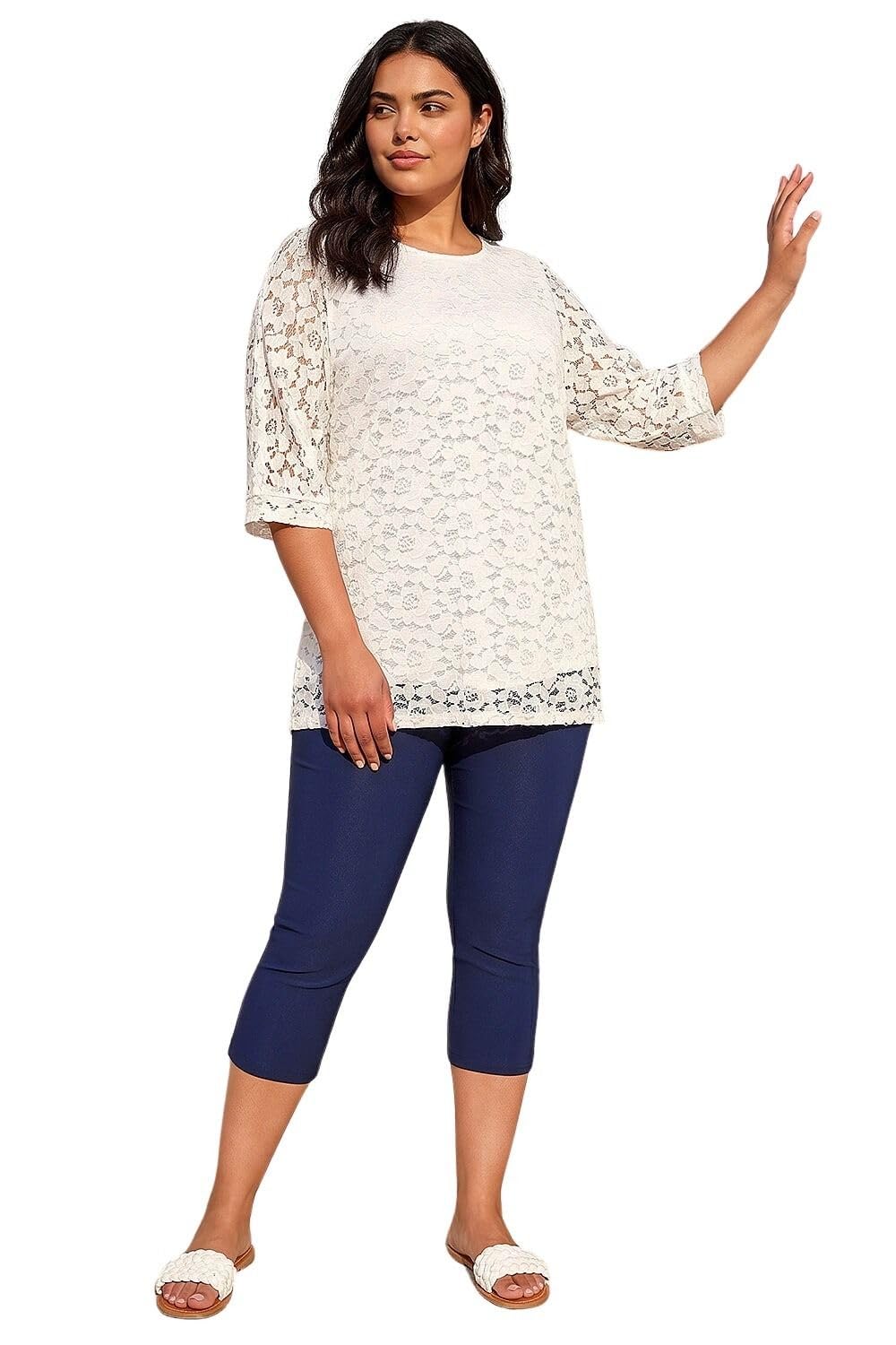 Roman Women's White Curve Lace Front Stretch Top In | : Size 18