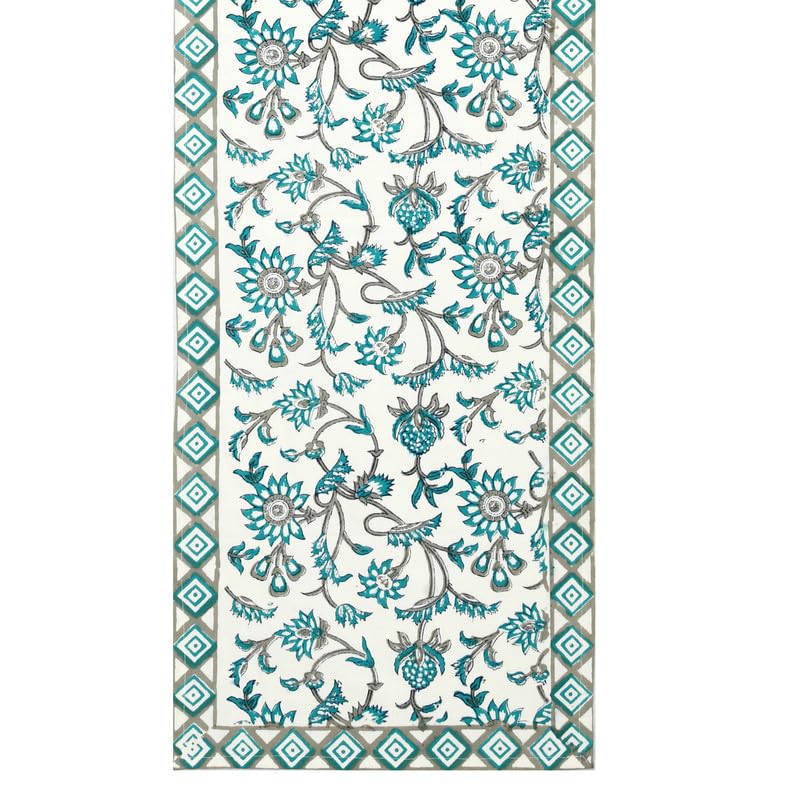 Image of BLOCKS OF INDIA Hand Block Printed Cotton Table Runner, Mat and Napkin Set for Center /Dining Table (Turq JAAL), 13 Pc Set
