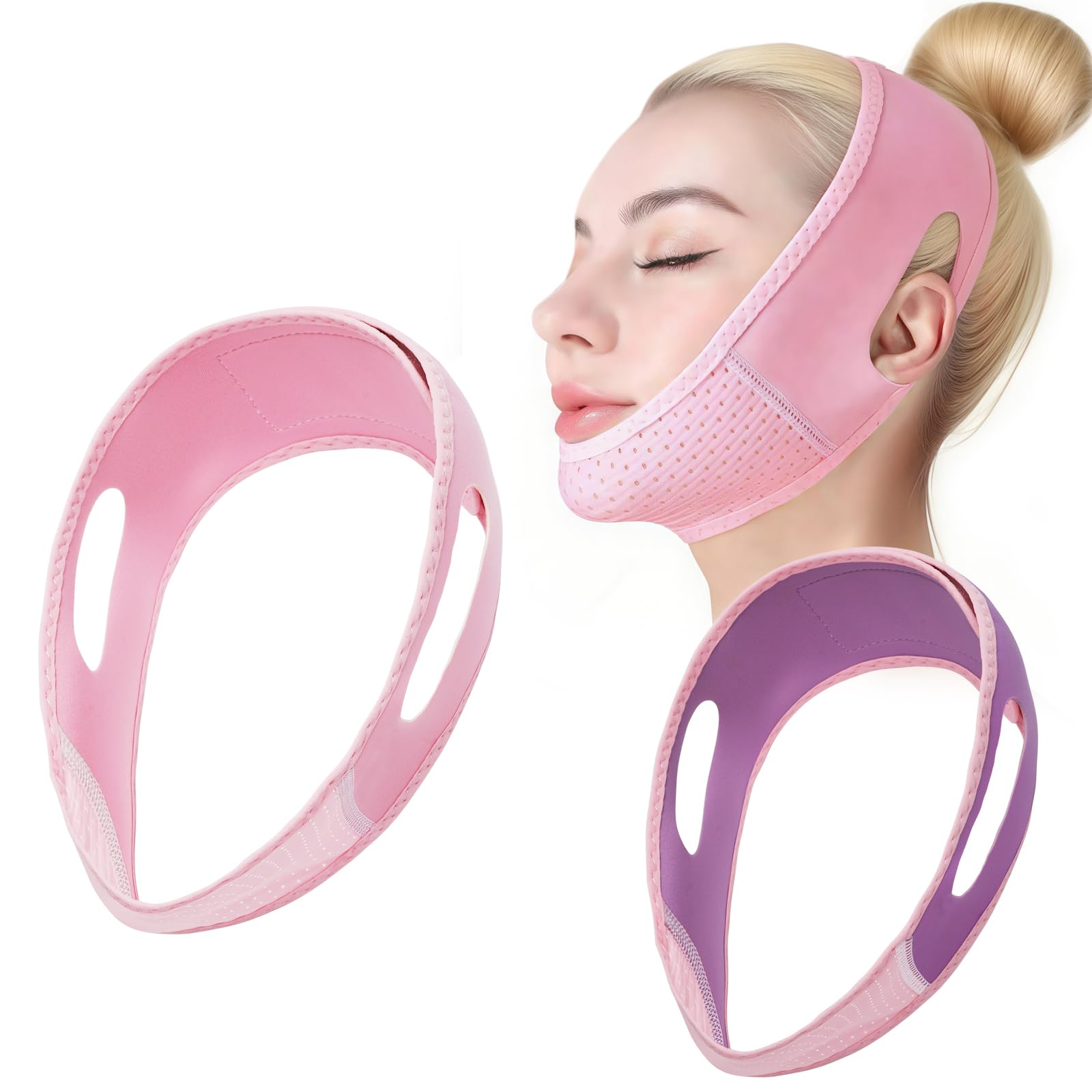 2 mascarillas de doble mentón reutilizables, línea en V, máscara de elevación de doble mentón, reductor de porosidad (lila + rosa)