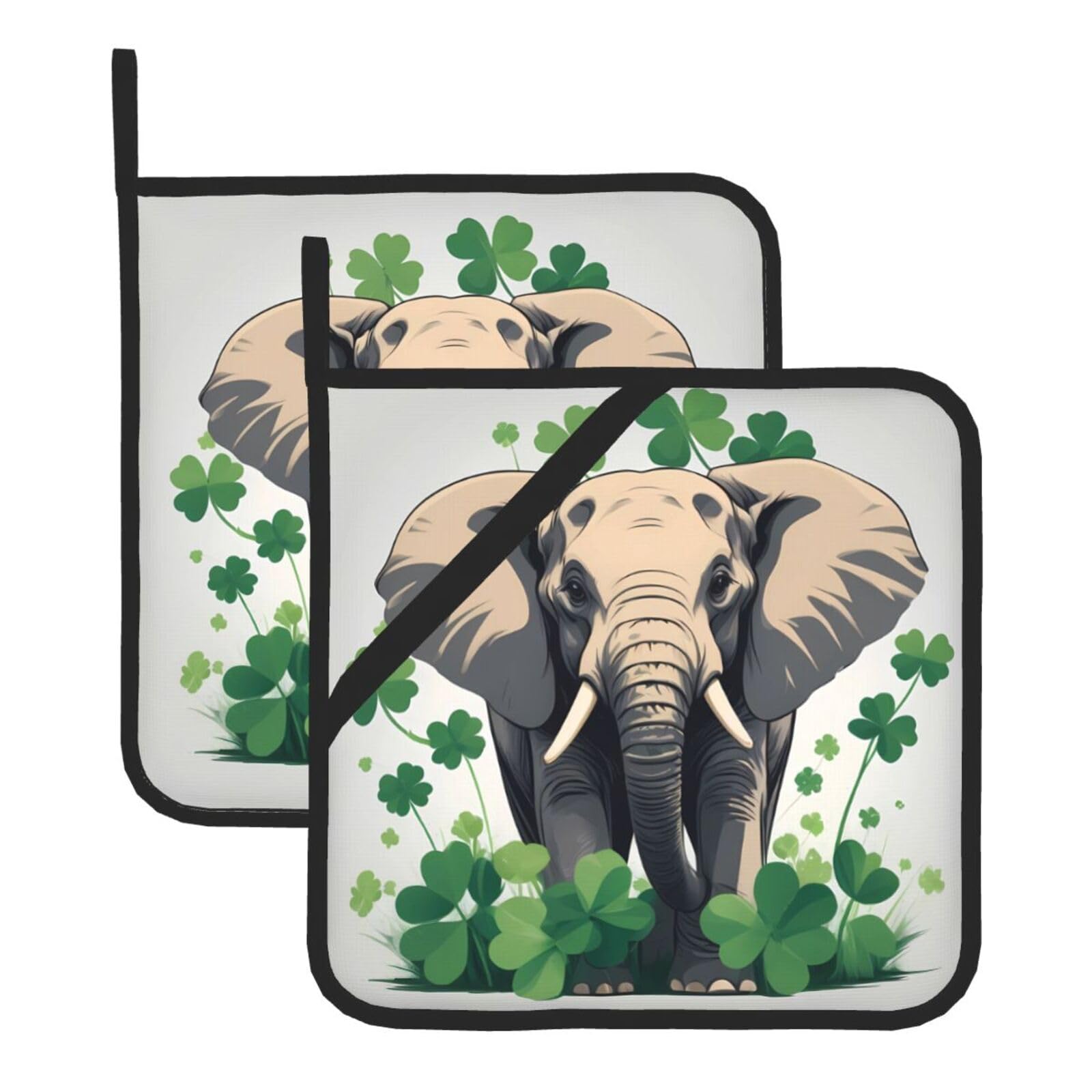 HJFCZH Elephant Clover Printed Square Insulated Pot Mat Set (2-Piece) 8x8in Waterproof, Thickened & Easy to Clean with Lanyard Design for Kitchen, Oven & BBQ