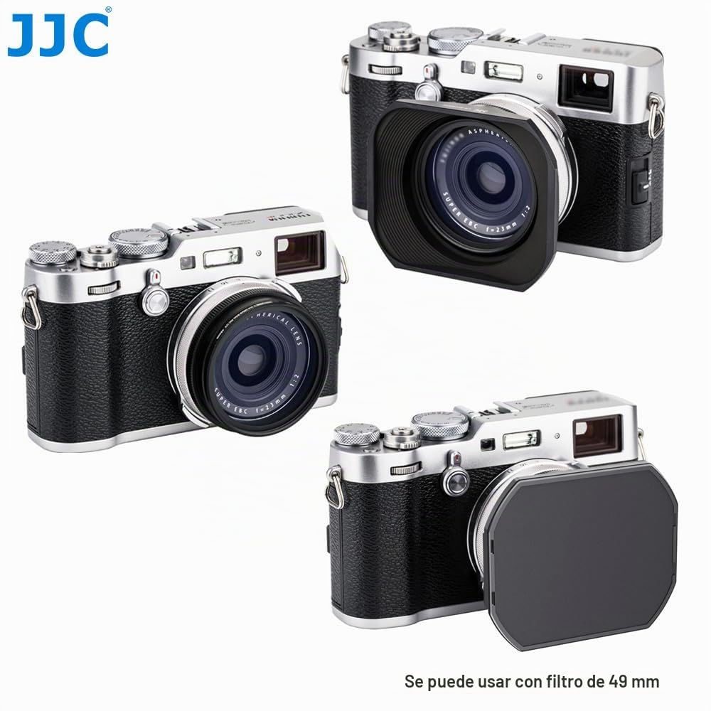 JJC Parasol cuadrado de metal con tapa de capucha para Fujifilm X100 Series y X70 | Capucha reversible de aluminio anodizado negro con tapa de lente deslizante, se adapta a filtro de 49 mm de diámetro