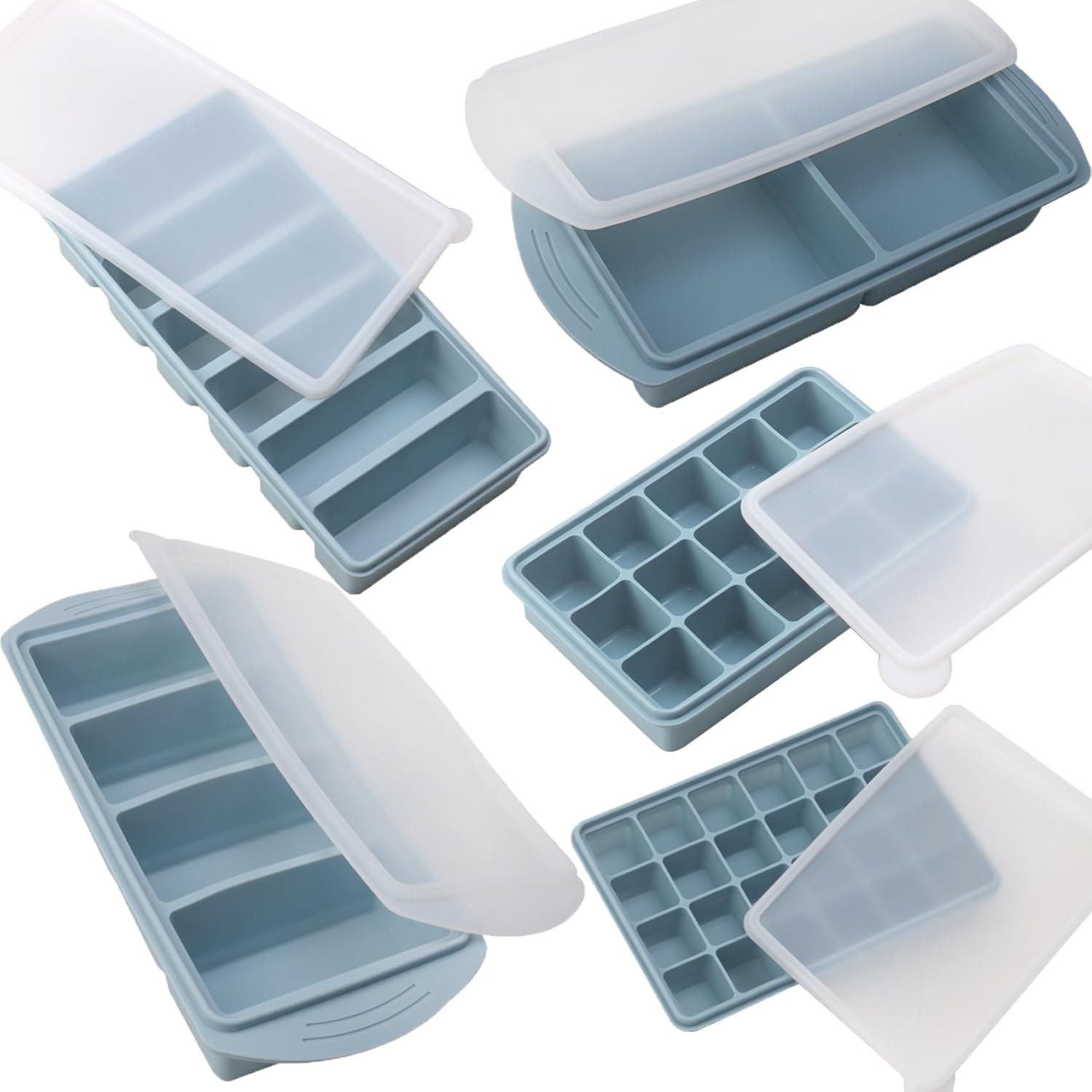 Silicone Freezer Molds Gift Set with 1 Tbsp,2 Tbsp, 1/2, 1, and 2 Cup Silicone Freezer Trays With Lids - Meal Prep and Kitchen Essentials Bundle - (Blue 10 Pack)