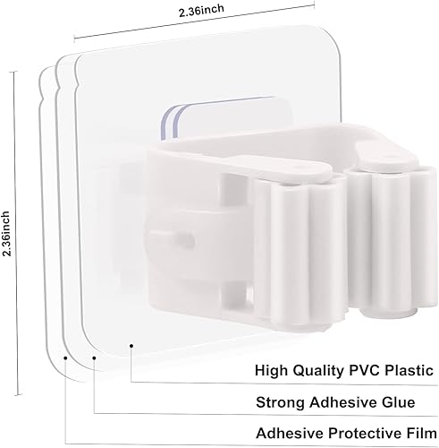 Miniatura 2 de Organizador de fregona y escoba, autoadhesivo, sin perforación, antideslizante, para montaje en pared, agarre y soporte para trapeador para