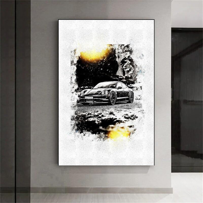Amazon.co.jp: 現代絵画抽象レトロ黒車キャンバス絵画北欧高級車