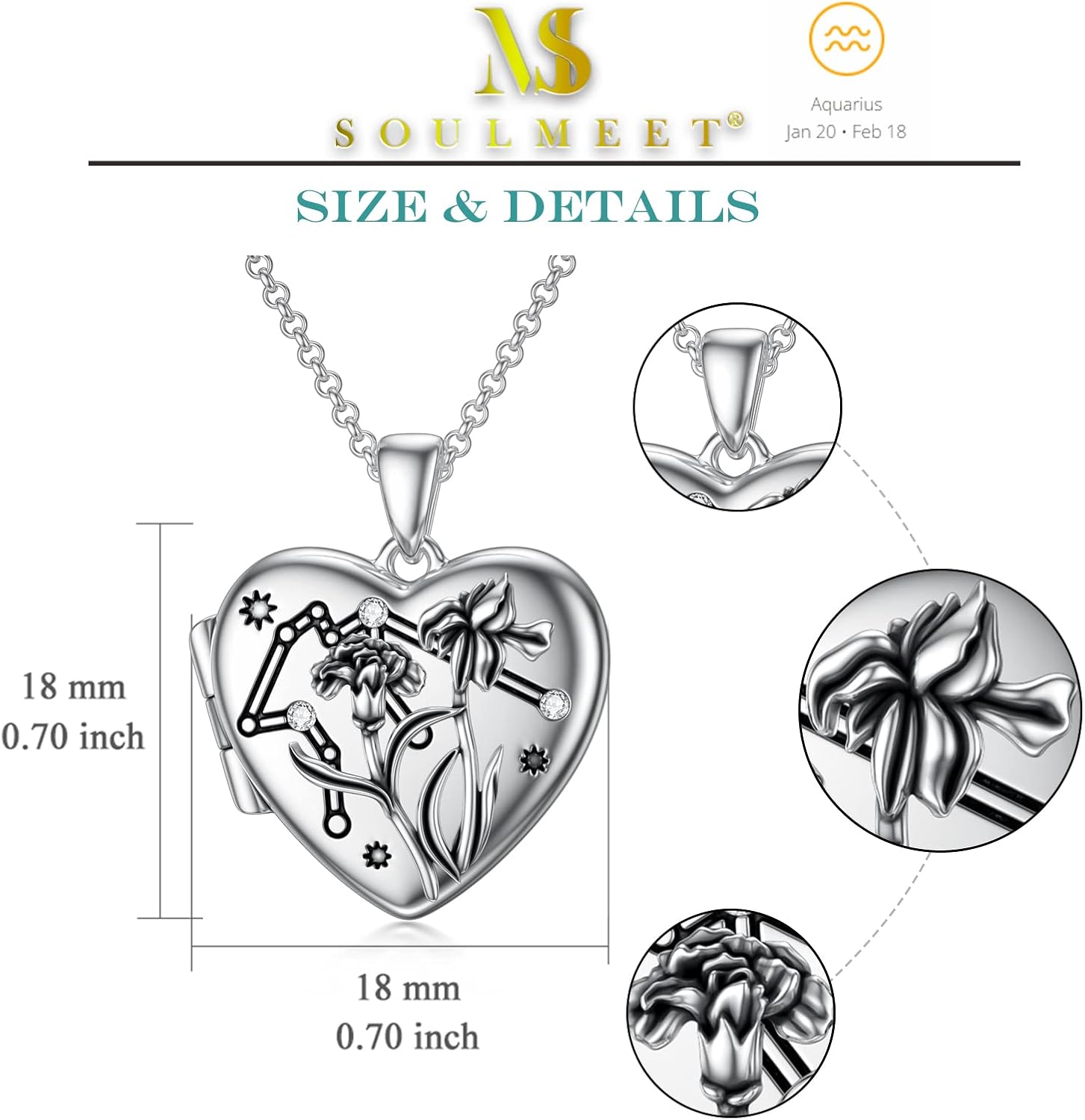 SOULMEET Heart Birth Flowers Zodiac Locket Necklace That Holds Picture Sterling Silver Personalized Various Months Constellation Photo Locket Gift for Loved Ones' Birthday Lucky Horoscope