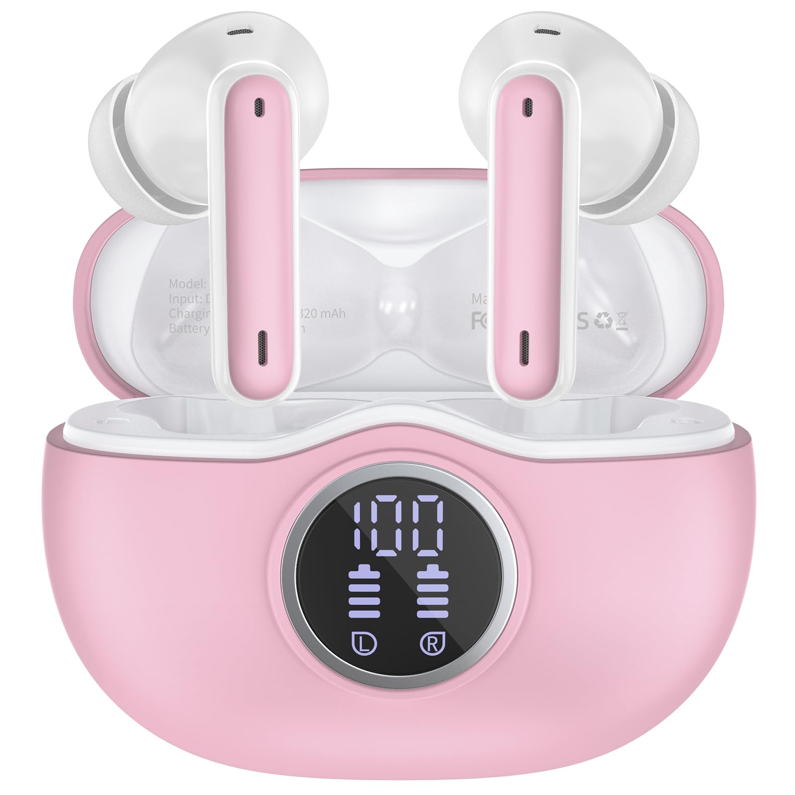 Wireless Earbuds Bluetooth 5.3 Headphones 40 Hrs Playtime with LED Display, Deep Bass and ENC Noise Cancellation Bluetooth Earbuds HD Mics IPX7 Waterproof Ear Bud for iPhone and Andorid Pink