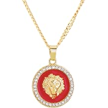 Lion Head Mini Medallion Red Pendant 20" Cuban Chain Necklace CP 353 G