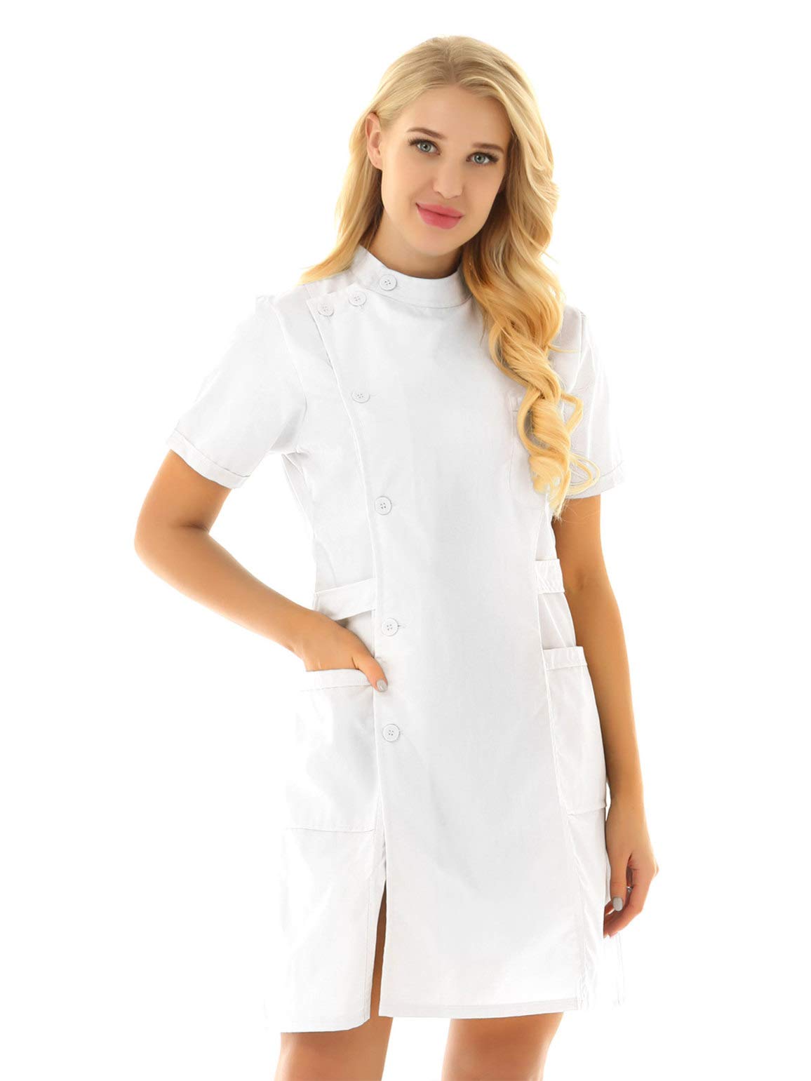 Freebily Bata de Trabajo para Peluquería Estética de SPA Uniforme Sanitario Empleados Profesional Elegante Casaca Ligero con Bolsillo Disfraces Adultos de Médico Enfermera