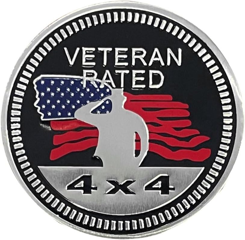 Veteran Badge Rated Car Emblem, 4 x 4 3D Metal Car Badge Decals Stickers Round Emblem Decals, Auto Exterior Emblems Badge Compatible with Vehicles Trucks SUV RV (Veteran Rated)