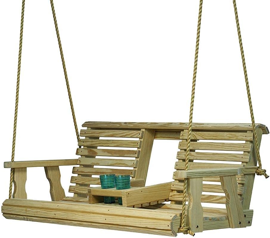Amish Heavy Duty 800 Lb Rollback Console Treated Porch Swing with Hanging Ropes (Unfinished)