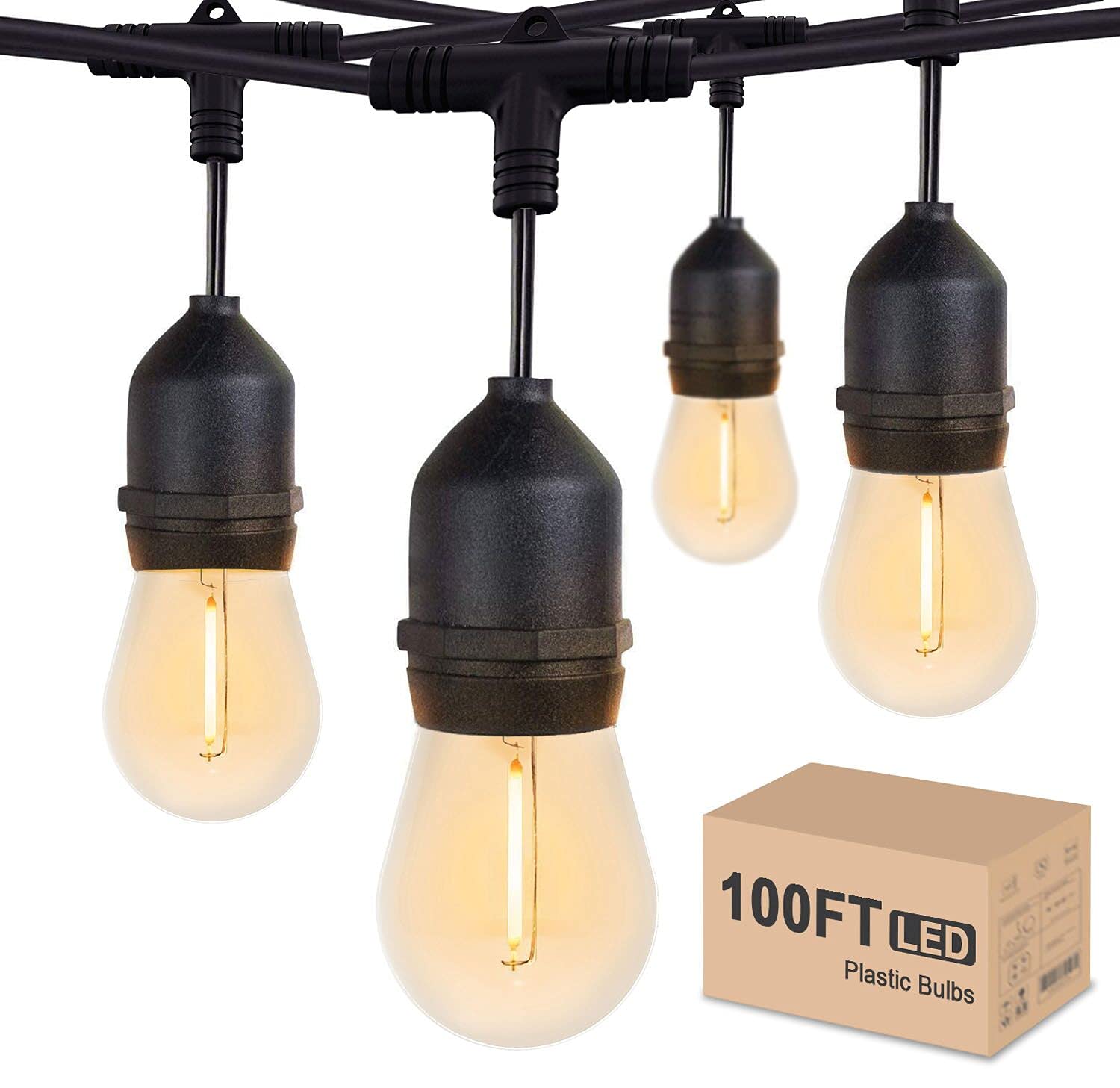 Outdoor String Lights LED 100FT Commercial Grade Heavy Duty Light String Lights with 30 Sockets 32 Shatterproof Plastic Bulbs Include 2 Spare S14 Dimmable Edison Bulbs Patio Market Cafe String Lights