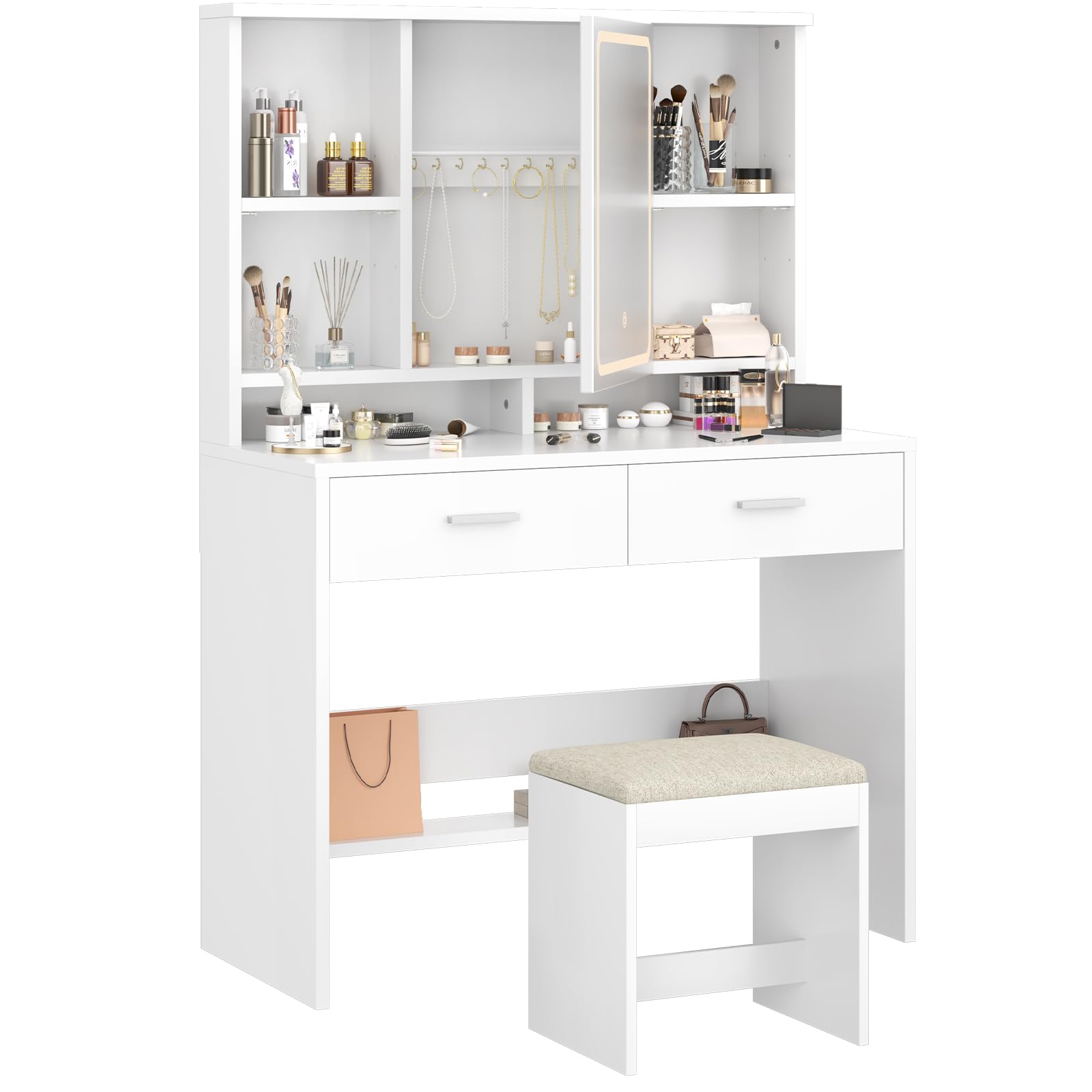Airfish Toeletta da Trucco con Luci,3 Colori con Luminosità Regolabile,Postazione Trucco con Sgabello,Tavolo da Trucco con 2 Cassetti, Moderno Bianco