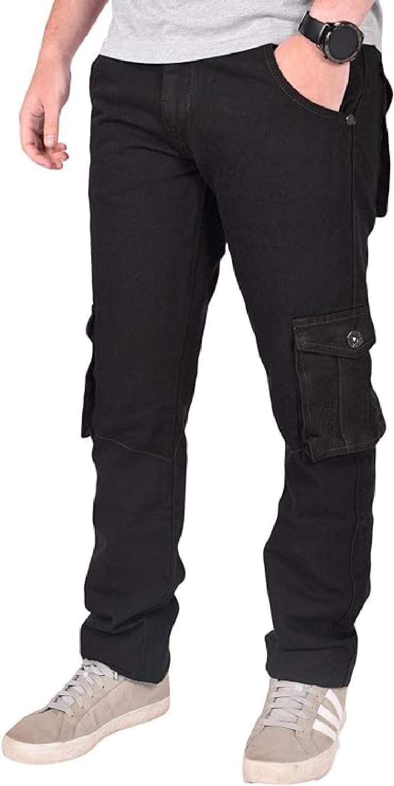 True Face Mens Jeans Cargo Combat Denim Regular Fit Trouser Casual Multipocket Bottoms Zip Fly Pants Jet Black 36W / 34L