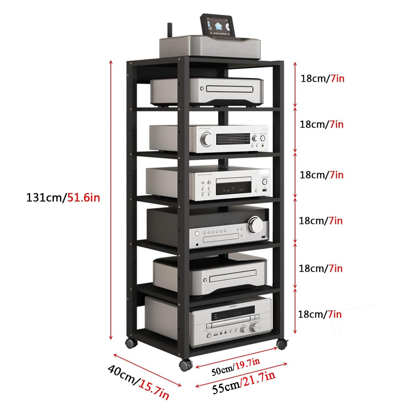 Supporto multimediale video Mensola AV HiFi regolabile a 7 livelli con ruote universali, rack audio mobile for soggiorno, camera da letto, studio(Teak color)