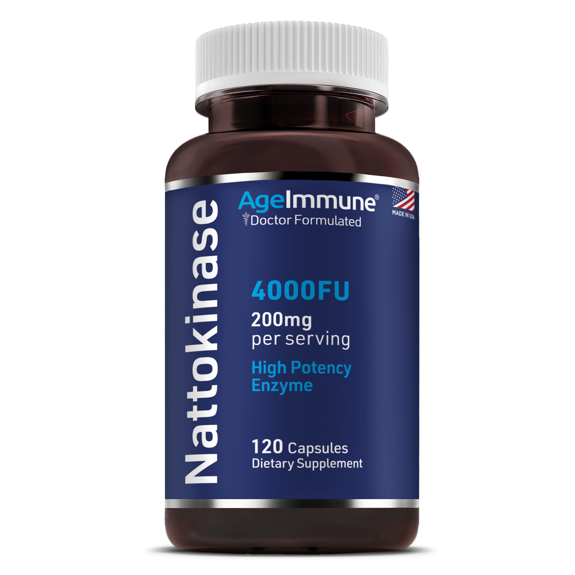 AgeImmune Nattokinase Supplement 4000 FU 200mg - Enzyme - Cardiovascular Support 120 Capsules -Derived from Japanese Natto - Made in The USA Without Magnesium Stearate.