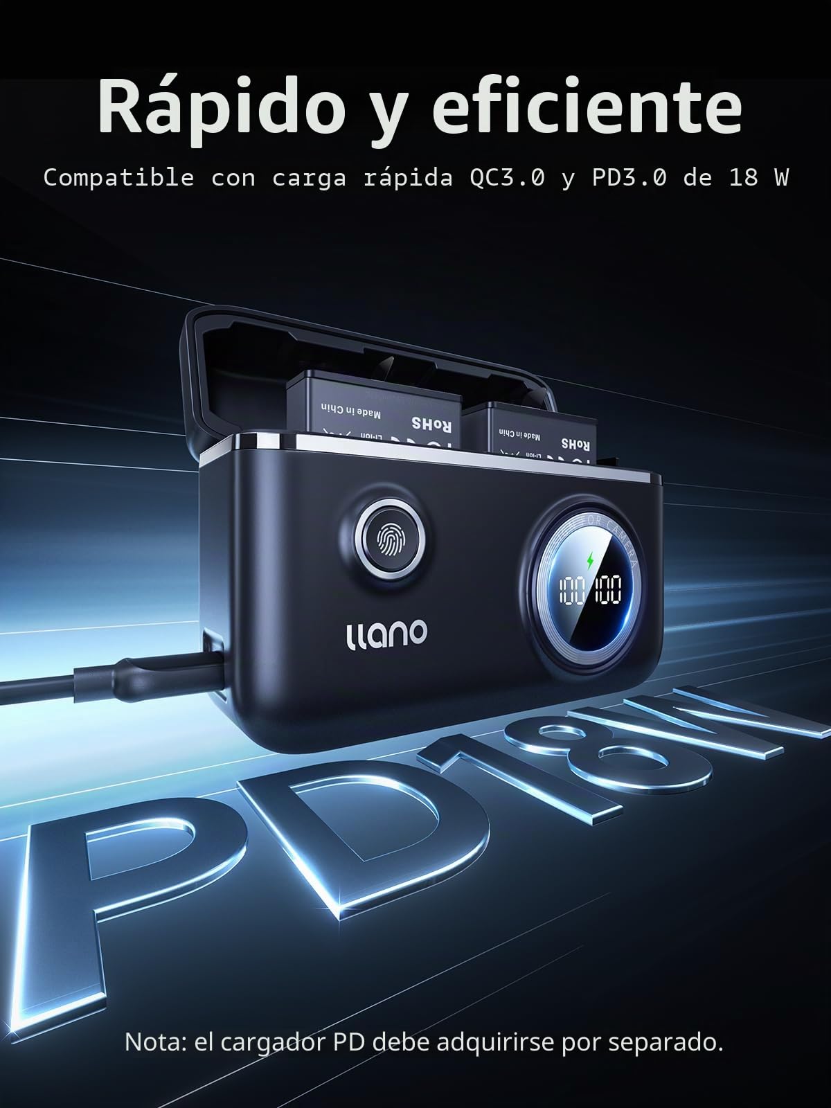 llano Cargador Dual rápido de 18W para cámaras dji Osmo 360, para Action 5 Pro para Action 4 para Action 3, con Pantalla Digital Inteligente & Tapa magnética (No Incluye batería)