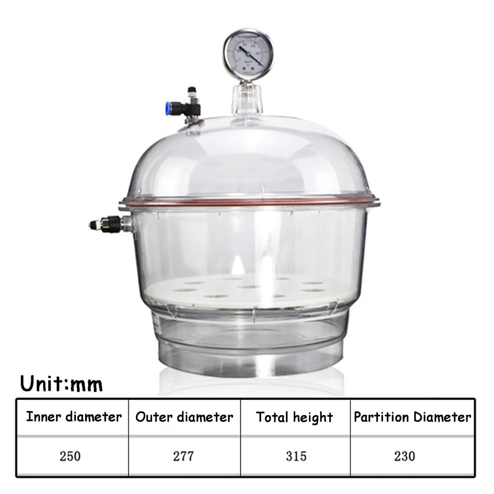 Vakuum-Exsikkator, 250mm Acryl-Labor-Trocknergefäß, Labor-Exsikkator Mit Manometer, Versiegeltes Glas Aus Polycarbonat-Kunststoff, Zum Vakuumtrocknen Und Aufbewahren