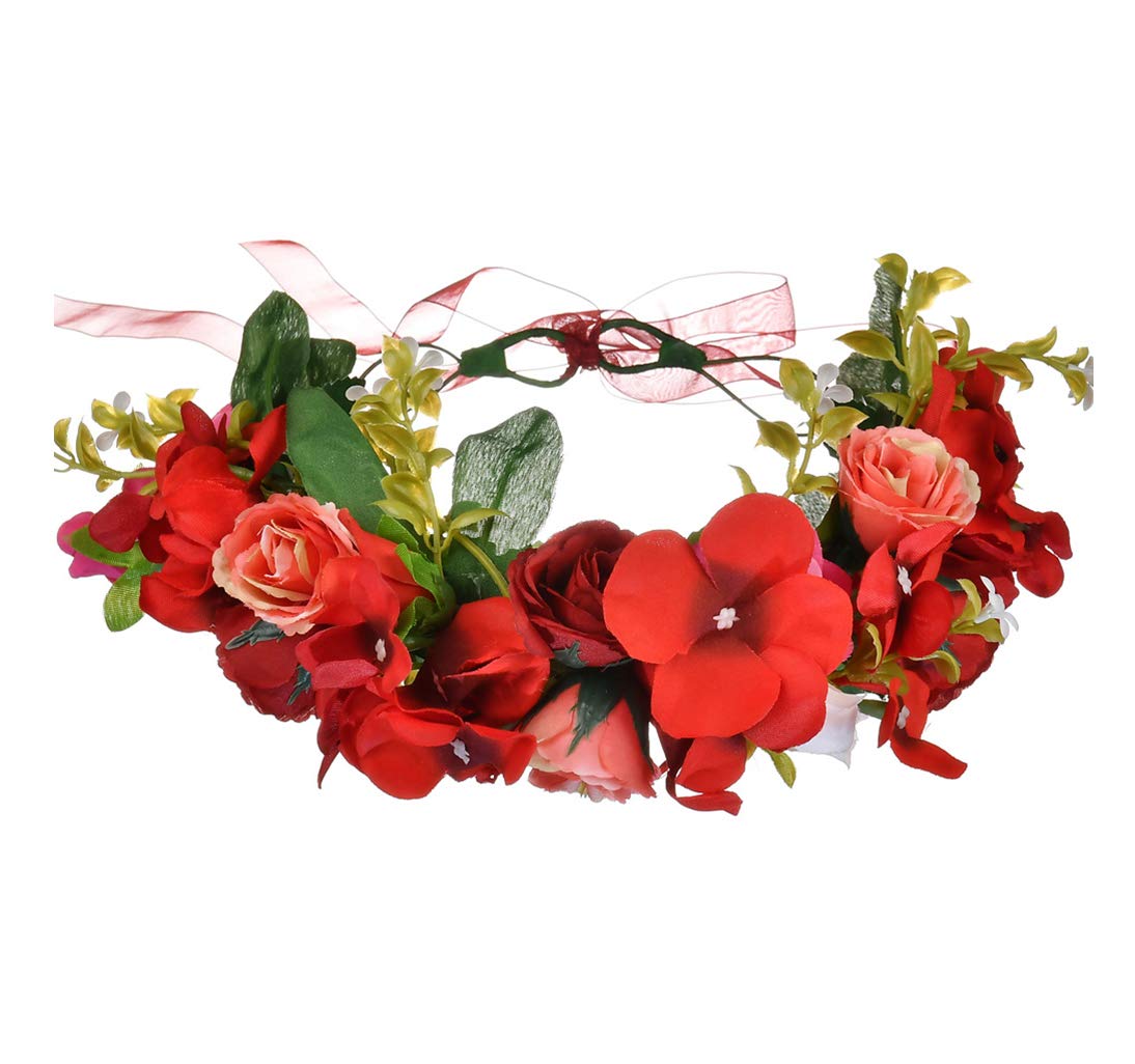 Blumengirlande Stirnband Rose Blumenkrone Haarkranz Floral Halo Kopfschmuck Boho mit Band Hochzeit Party Fotos Rot