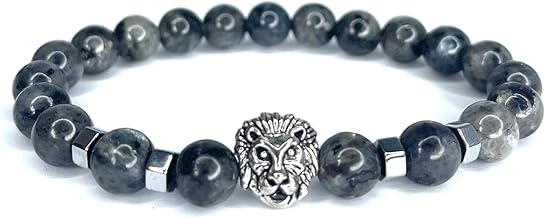 Bracelet Larvikite & Tête de Lion – Pierre Naturelle 8 mm – Bijou Élégant pour Homme et Femme – Force, Ancrage & Protection