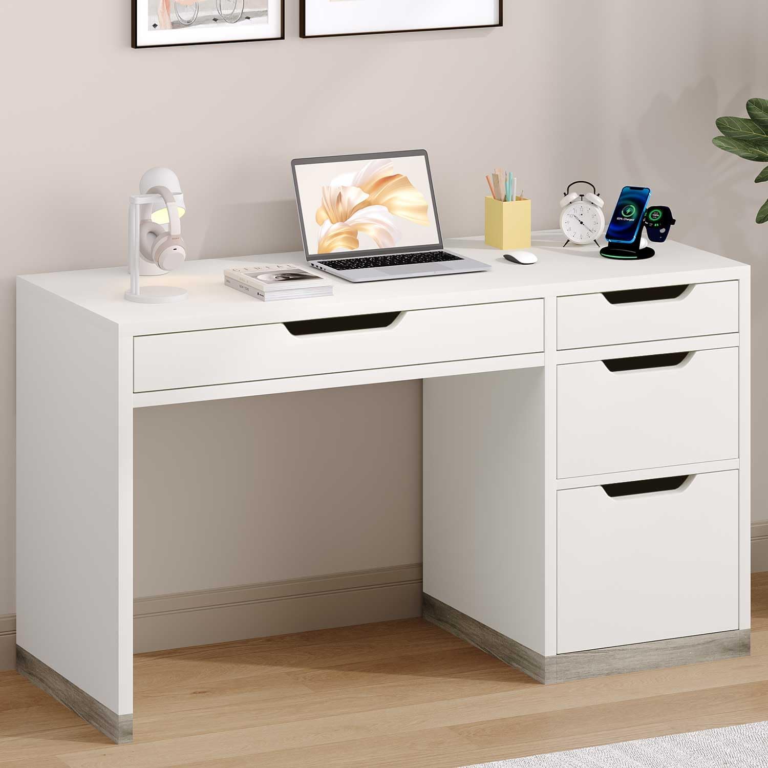 MaverickFurni 52-Inch White Desk with 4 Drawers, front view