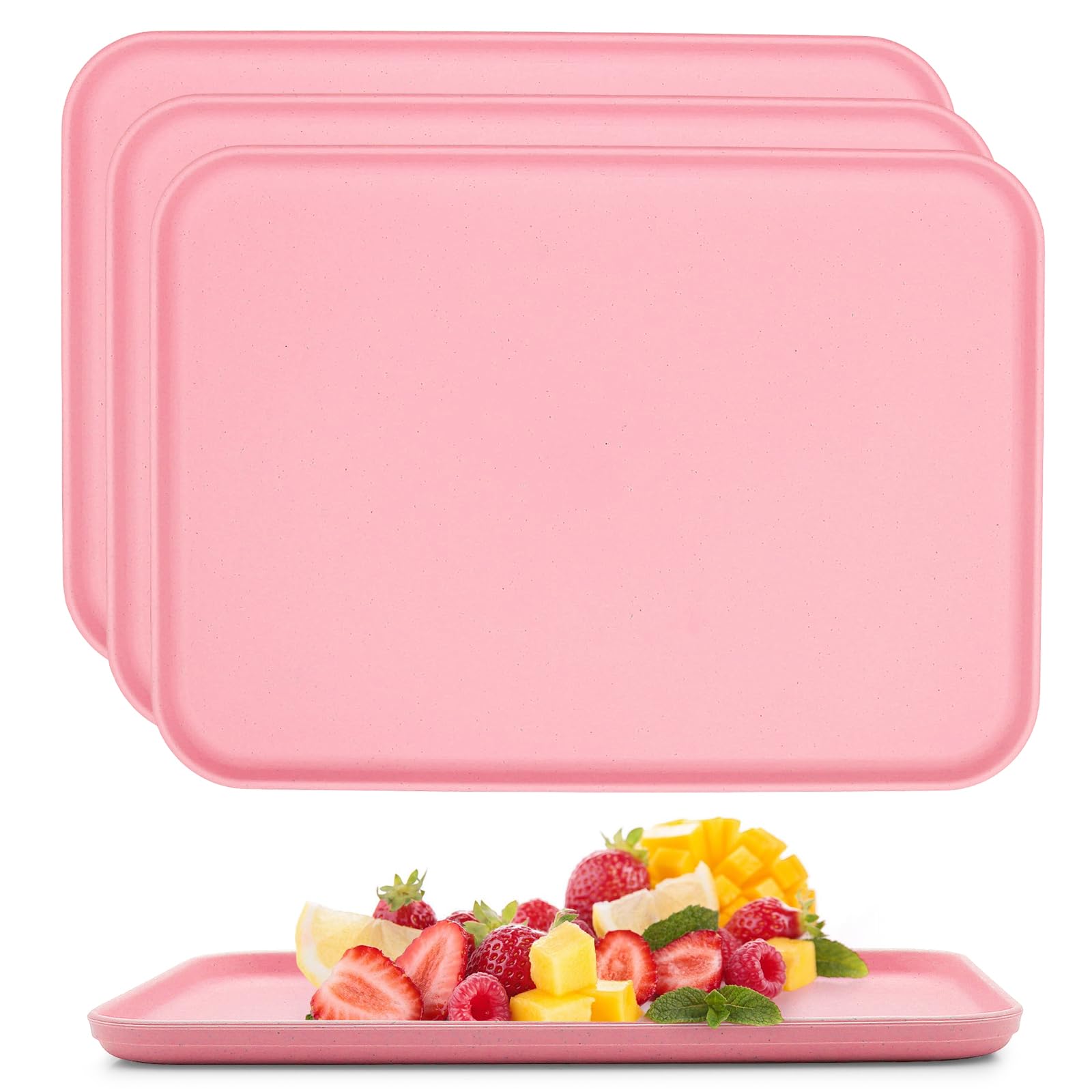 4-Pack Rectangular Plastic Serving Trays for Kitchen, Drinks, Snacks, Tea, Coffee, Breakfast, Lightweight and Durable (Pink)